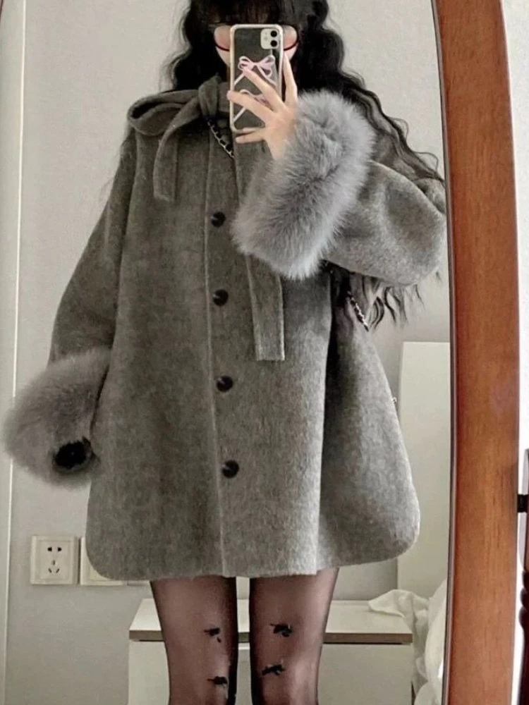 

Winter 2025 Hepburn Elegant Style Wool Coat Women's Korean VintageGray Bow Design Overcoat Vintage Woolen Patchwork Jacket New