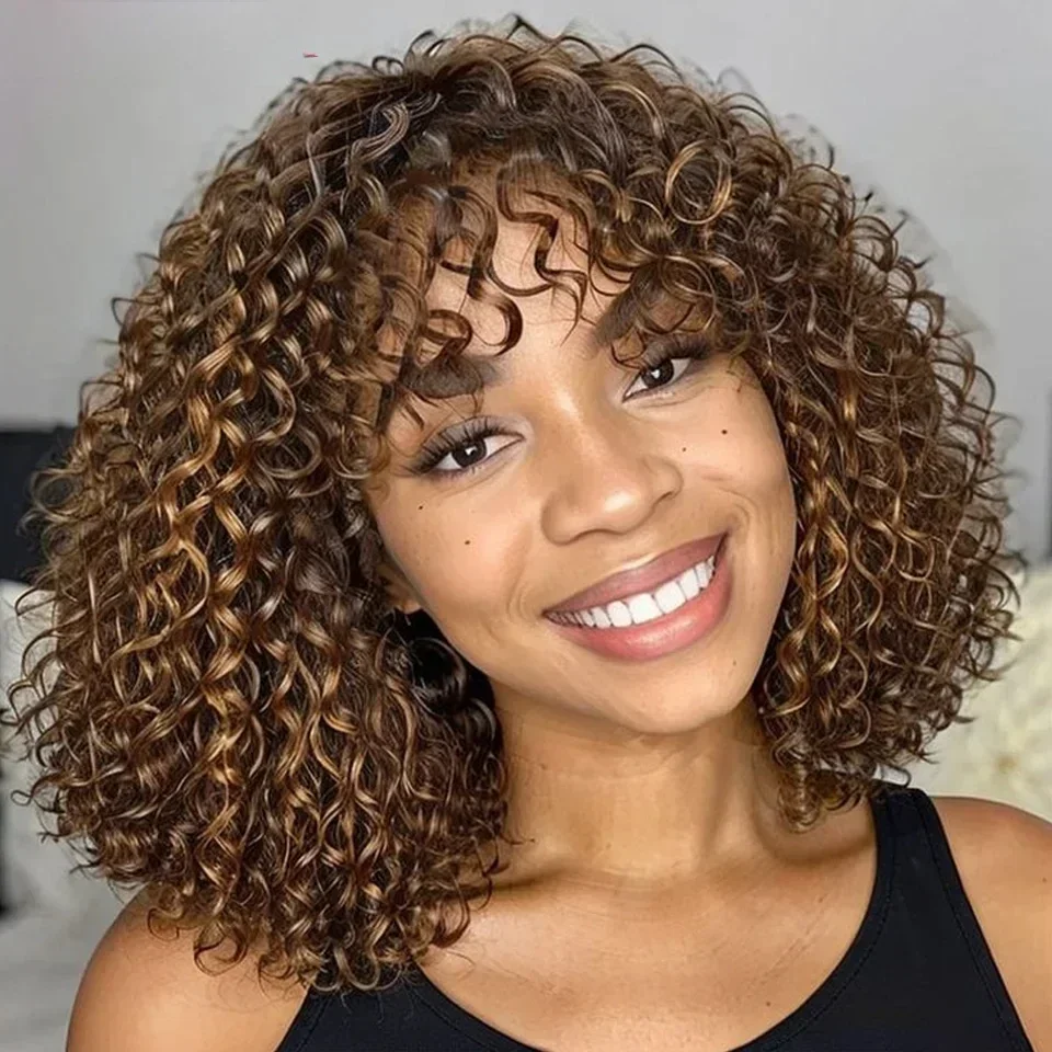 

Short Curly Bob Human Hair Wigs With Bangs Full Machine Made Wigs Highlight Honey Blonde Colored Wigs For Women Cheap Remy Hair