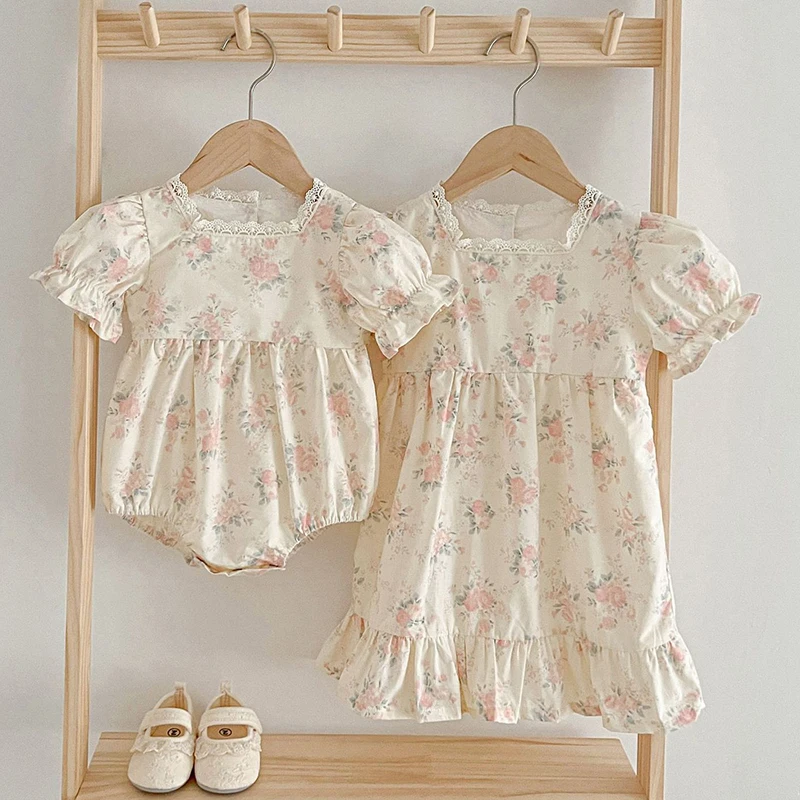 Summer Baby Girls Short Sleeve Printing Sisters Dress Newborn Baby Girls Clothes Rompers Infant Baby Girls Princess Rompers