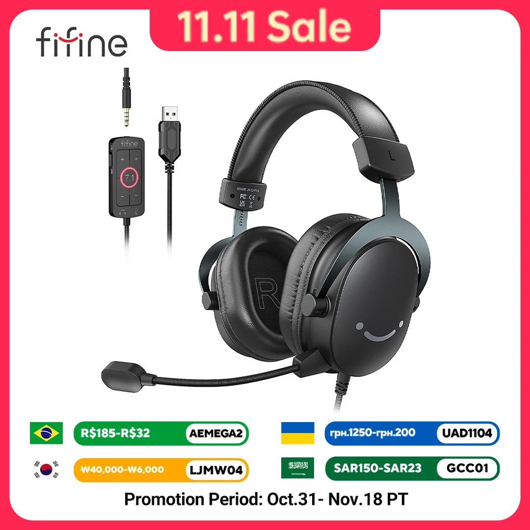 FIFINE 헤드셋, 3.5mm 잭 및 USB 헤드폰, 7.1 서라운드 사운드/볼륨 조절/음소거 스위치 포함, PC/MAC/PS4/PS5 믹서-H9용