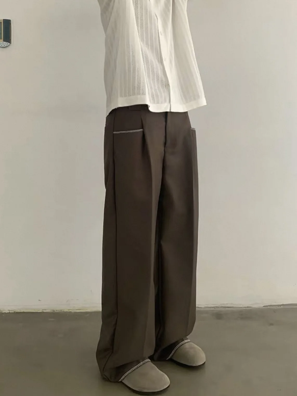 Retro Japanese Style Men's Casual Loose Fit Long Pants Sewing Line Design Drapey West Pants Basic Versatile Youth Fashion