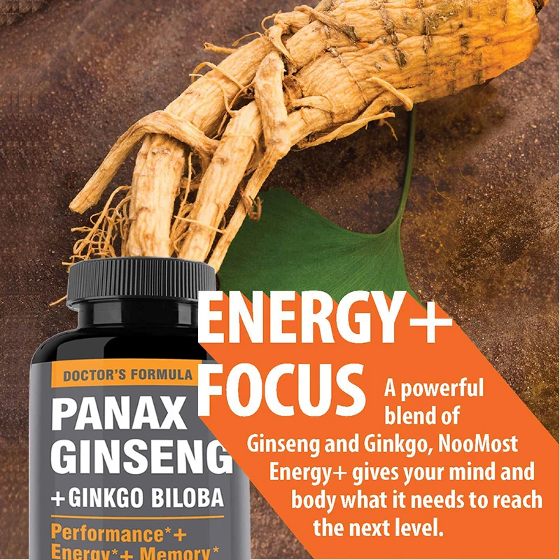 Ginseng + Ginkgo Biloba Extract Capsules - Natural Energy Supplement That Helps Improve Memory, Eye Vision and Brain Health