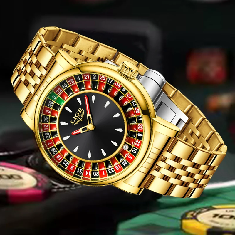 LIGE nuovo orologio al quarzo da uomo in oro moda numeri arabi rotante quadrante da gioco orologio da polso da uomo orologi militari impermeabili per uomo
