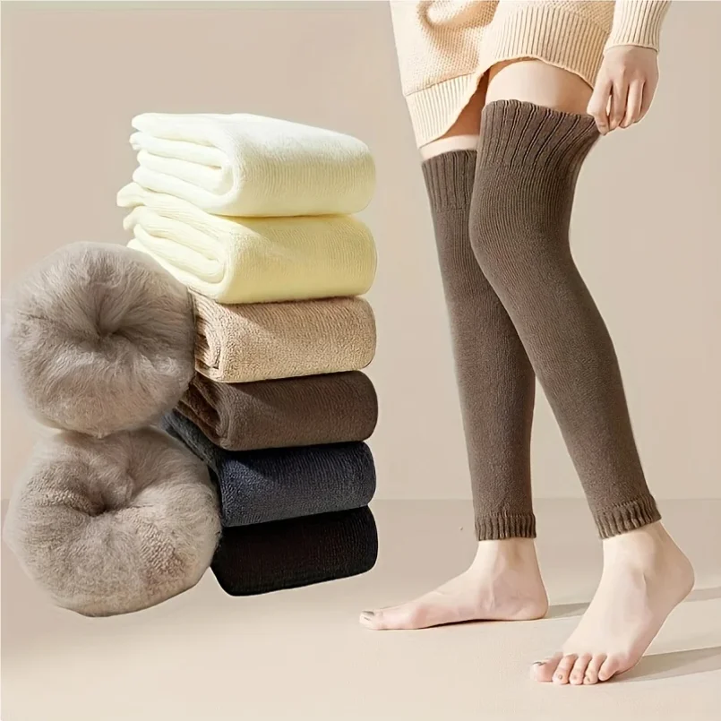 

1 Pair Winter Women Thick Knee High Stockings Windproof Plush Lined Thermal Elastic Outdoor Cozy Leggings Warm Leg Covers