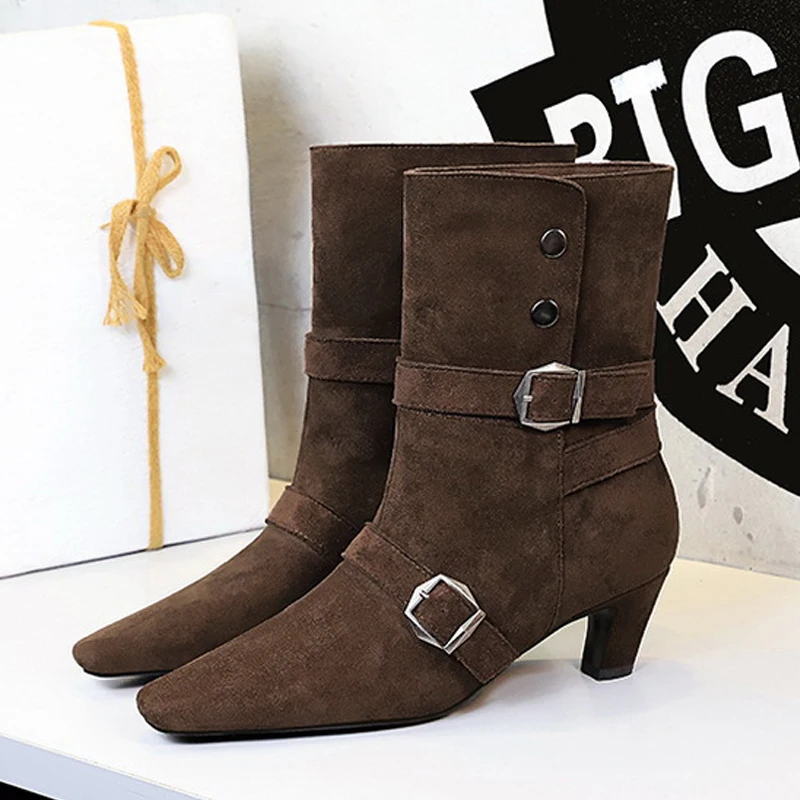 

BIGTREE Winter Retro Vintage Designer Ankle Boots Women Square Head Belt Buckle Thick Heel Shoes Zapatos De Mujer