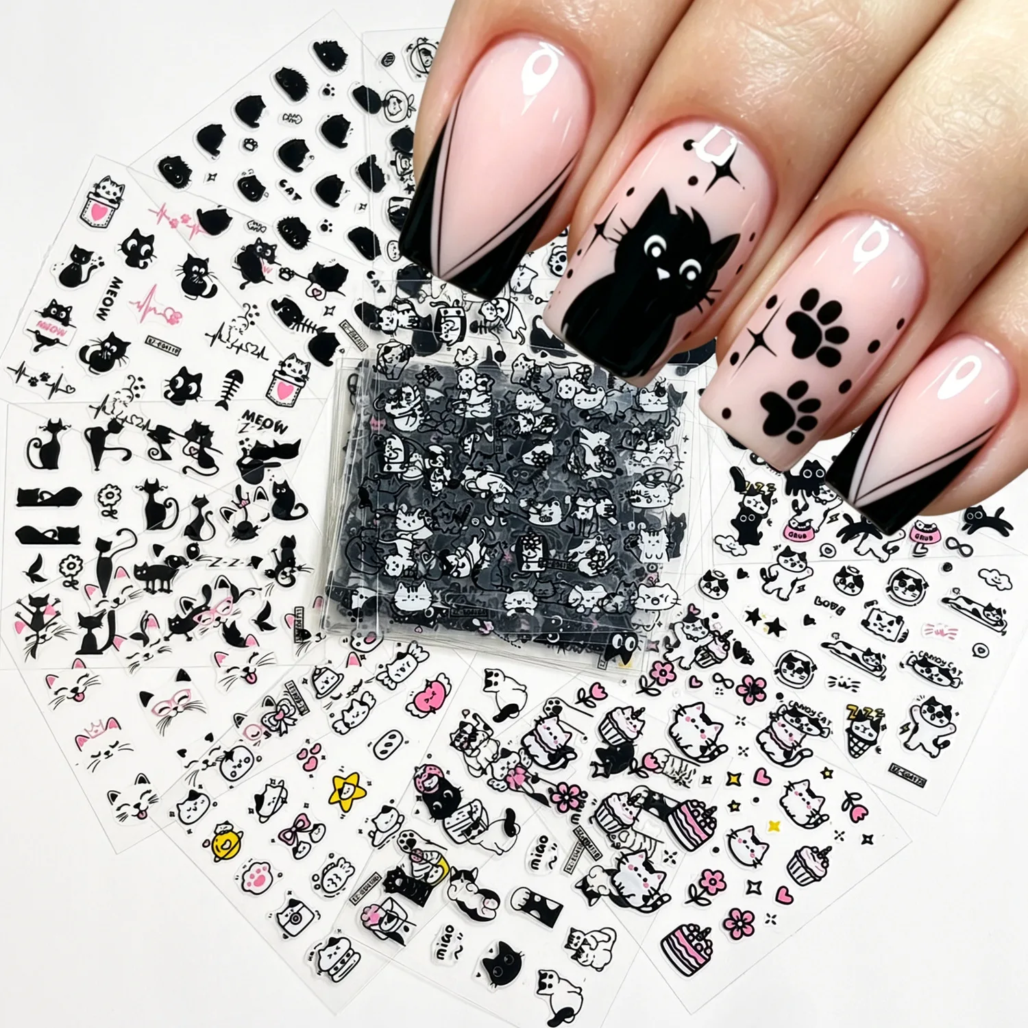 Cute Hand-Drawn Cat Sticker Set – Black White Cartoon Kitten Decals for DIY Nail Art, Phone Case, Journal & Craft