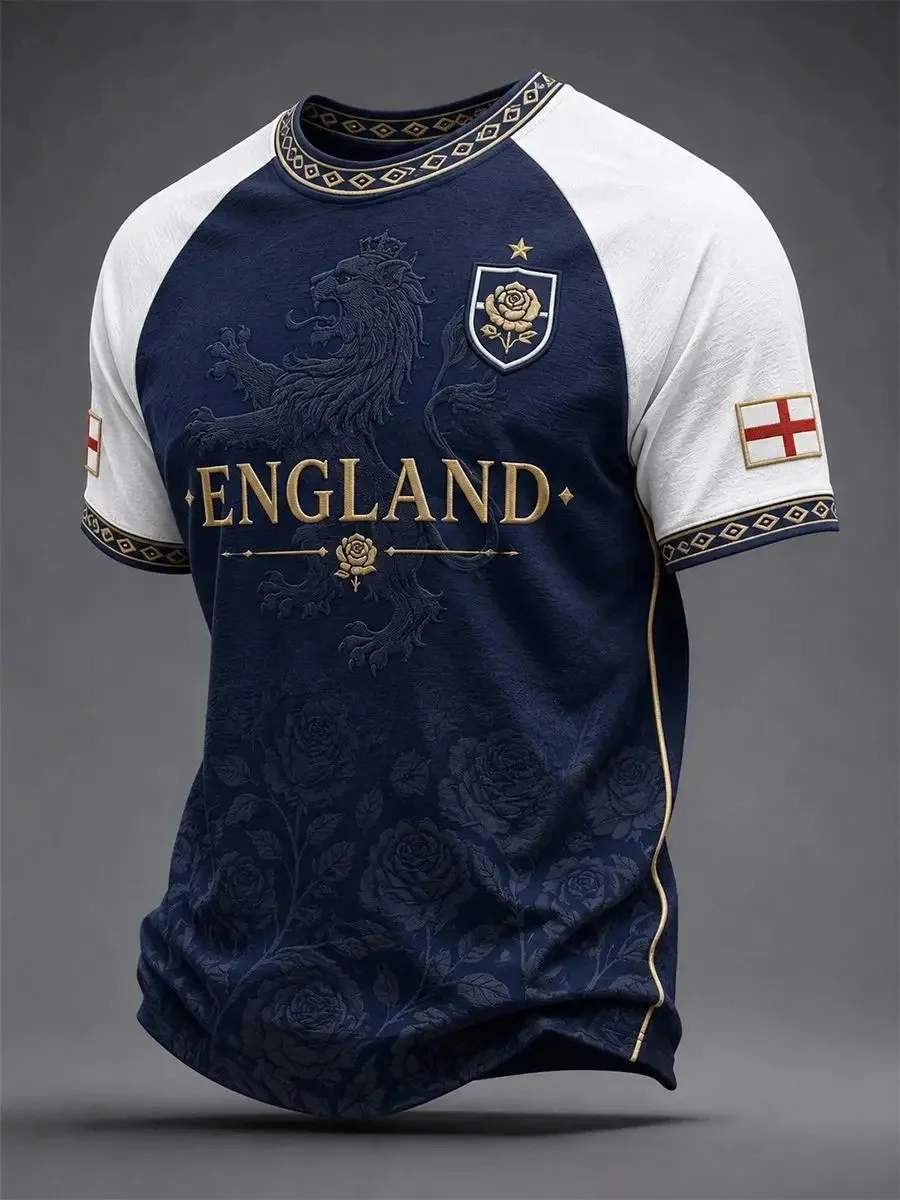 2026-27 Vintage Soccer Jersey Dark Blue Lion 3d Print Gold Floral Collar Cuff England Flag Patch Casual Fan Top Family Y2k