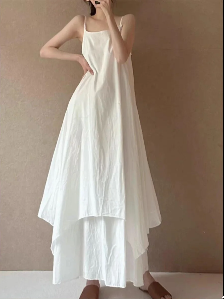 Summer 2026 Extended Length Strap Dress Women's Irregular Arc Bottom Double Layer Drifting Long Skirt Dress Casual Style Maxi...