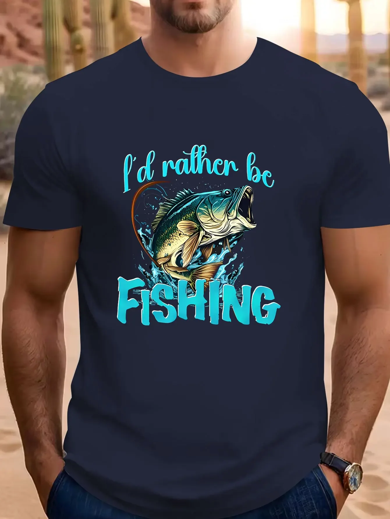 Fashion Men I'd Rather Be Fishing Fish Graphic T-Shirt Fisherman Angler Outdoor Print Short Sleeve Tee Fishing Lover Casual Tops