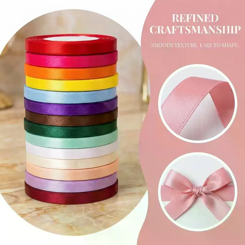 1cm (25 Yards/roll) Satin Flat Ribbon Roll Gift Flower Bouquet Packaging Wedding Birthday Ribbon Making DIY