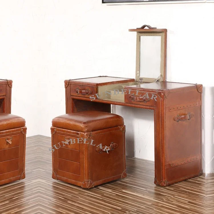 bedroom furniture luxury dressing table antique brown leather foldable mirror 2 drawers dresser table set with ottoman stool