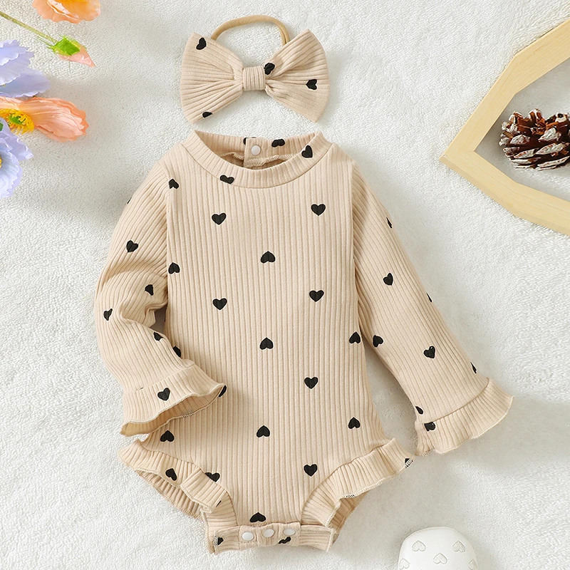 EWODOS 0-1Y Baby Girl Fall Romper Ribbed Heart Print Long Sleeve Crew Neck Ruffled Jumpsuit with Bow Headband