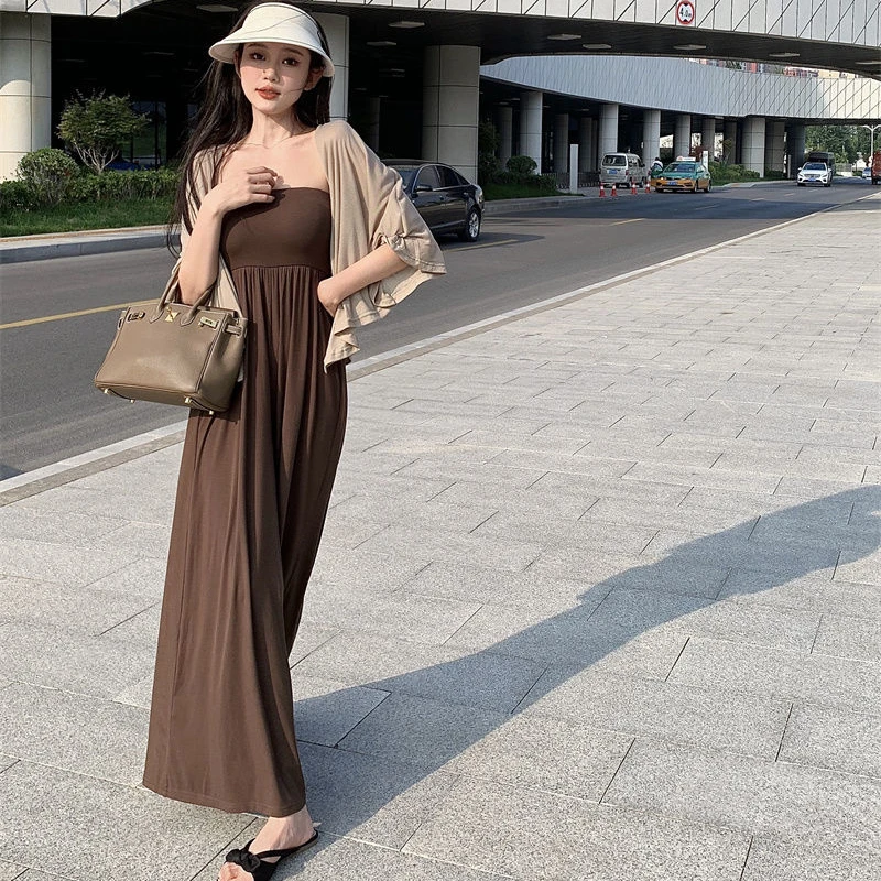 Jumpsuits Women Coffee Summer New Wide Leg Trousers Strapless Loose Solid All-match Elasticity Clothing Aesthetic Daily Vintage