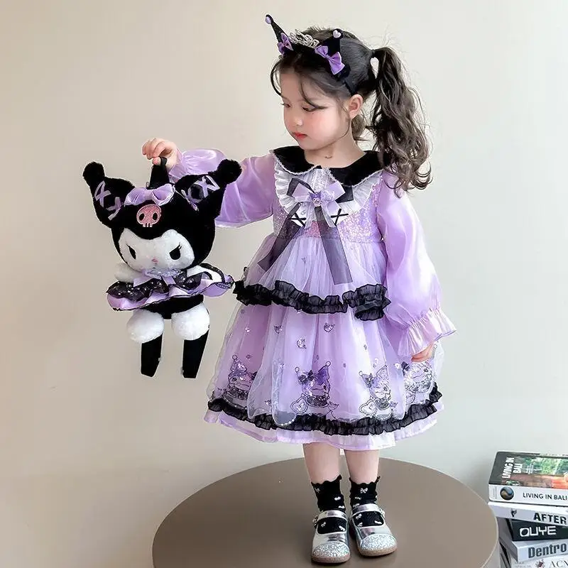 

Sanrio Kuromi Lolita Princess Dress Girls Spring Autumn New Kids Kuromi Dress Baby Girl High End Party Dress Fashion Cute Skirt
