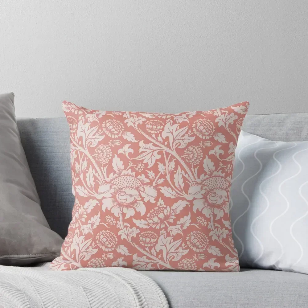 

William Morris Coral Pink Chrysanthemum Vintage Floral Pattern ,Botanical Leaves Victorian Pattern, Throw Pillow