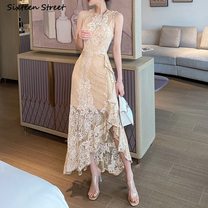 

Vintage Apricot Lace Dress Women Diamond Sleeveless Embroidery Lace Maxi Party Dresses Woman Clothing Elegant Vestido Summer