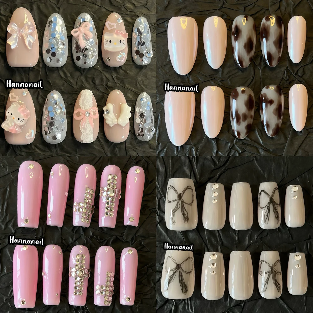 

Sweet Cool Hello Kitty 3D Flowers Handmade Short Almond Press On Nails Flash Sequins Diamond Bow Wings French Reusable Fake Nail