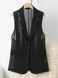 Mesh Suit Waistcoat Summer Thin Elegant Women's Slim Black Waistcoat Jacket Fashion Slit Lapel Casual Retro Simple Chic