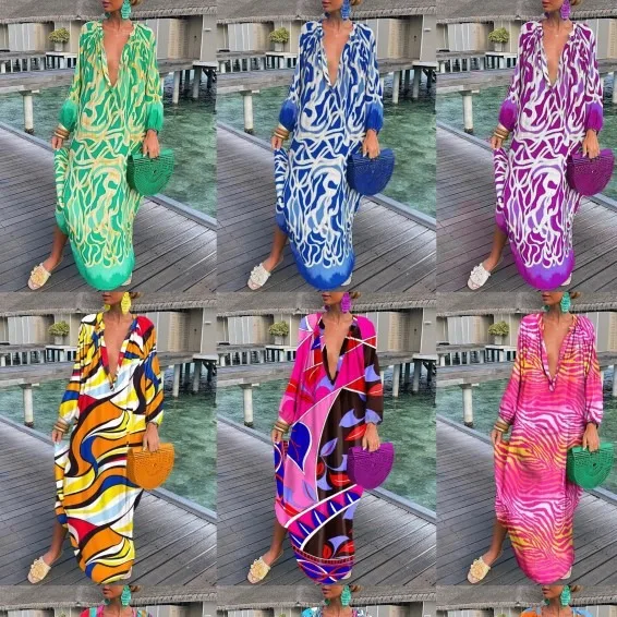 

Long Sleeve Print V-neck Dress for Women Loose Summer Long Dress Women Beach Party Dress Casual Floor-length Streetwear Vestidos