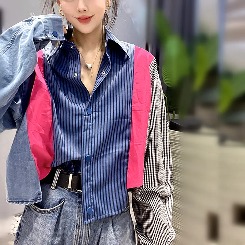 

Designer High Street Women Spring Stripped Patchwork Shirts Women Loose Denim Plaid Spliced Sleeve Shirts Blusas Feminina NZ155