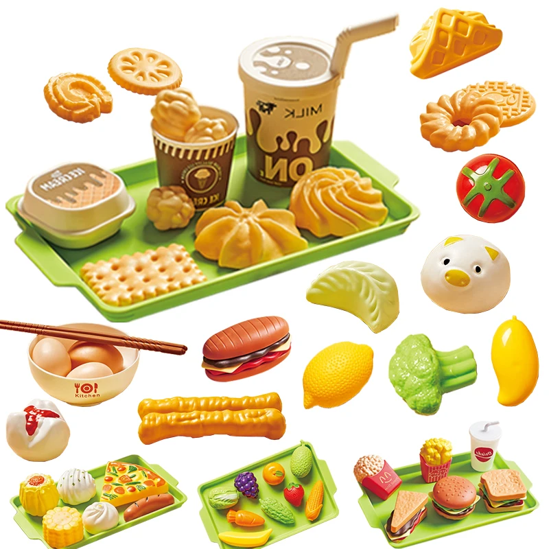 Kids Kitchen Toy Pretends Play Cooking Food Game Hamburger Pizza Snack Fruit Vegetable Simulation Food Set Of Toy For Girls Boys