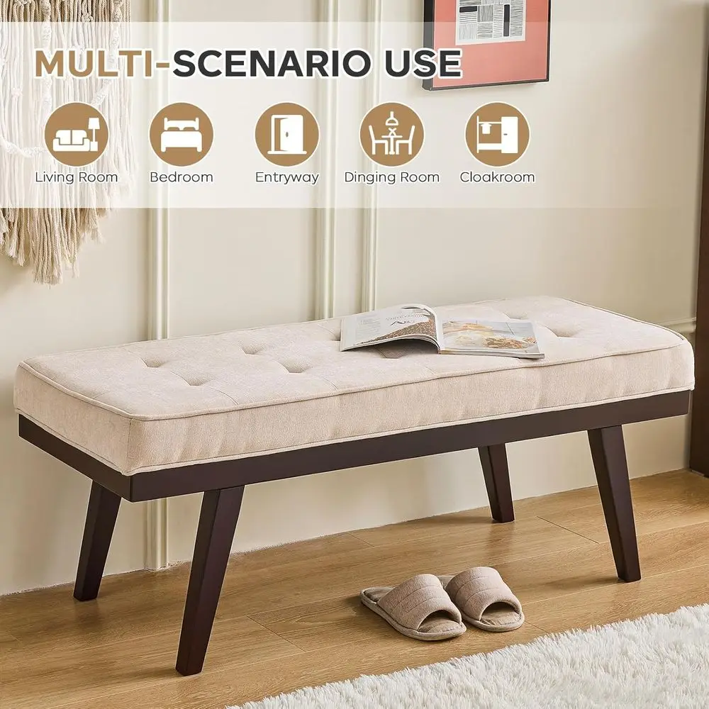Beige Chenille Tufted Upholstered Ottoman Bench, 47.2 Long Entryway Indoor, Living Room, Dining Room Bench with Rubberwood Legs