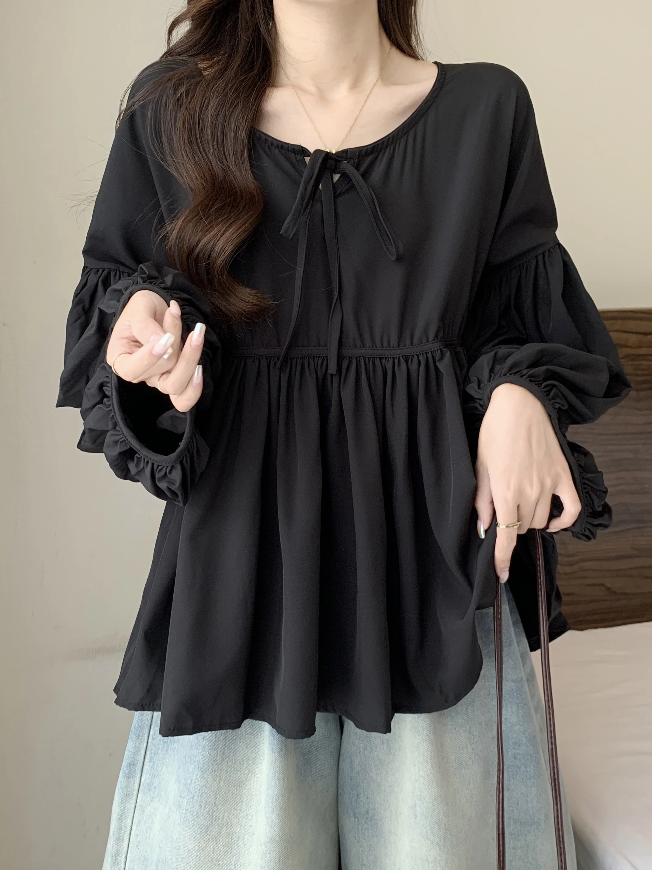 

Женская блузка больших размеров с длинными рукавами-фонариками, свободный крой, шифон, весна-осень, модная, милая, в стиле кэжуал