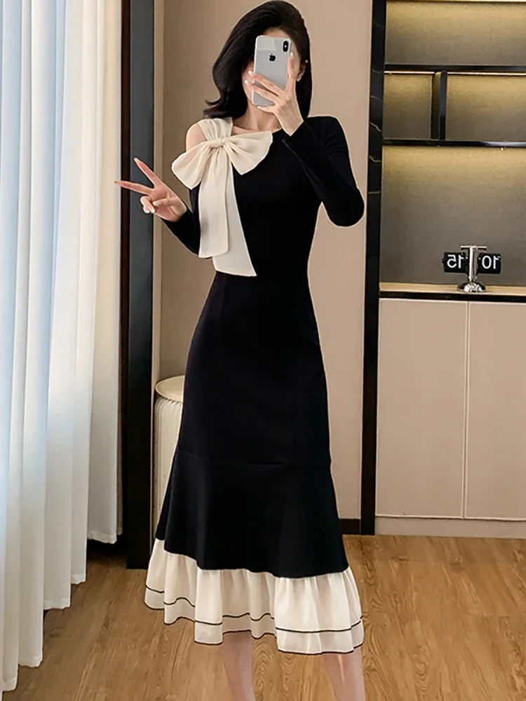 Autumn Winter Black Knitted Patchwork Ruffled Long Dress Women Fashion Chic Bow Hollow Out Dress 2024 Vintage Hepburn Prom Dress