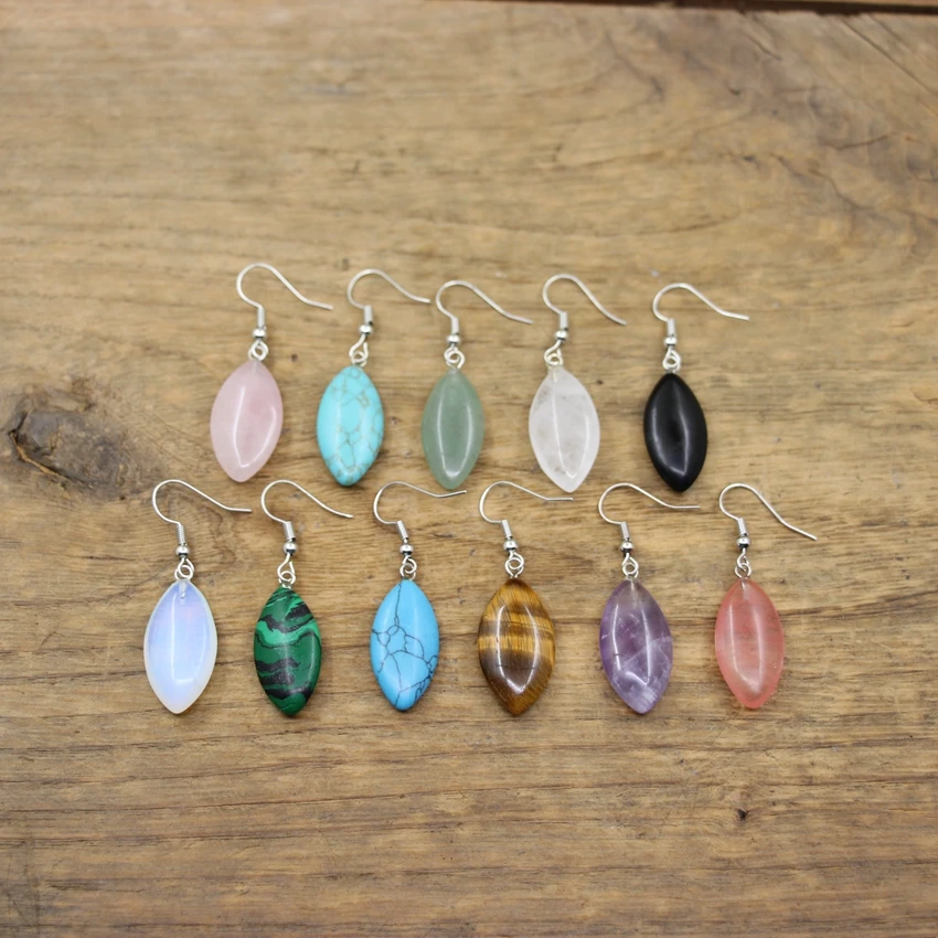 Natural Stone Olivary Earrings Healing Crystal Quartz Lapis Oval Bead Dangle Hook Eardrop Reiki Jewelry Women Gift QC7038