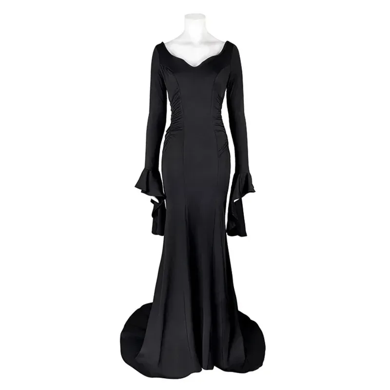 

Halloween Preto Adams Family Retro Gothic Long Sleeve V-Neck Dress with Luxury Casual Elegant Style