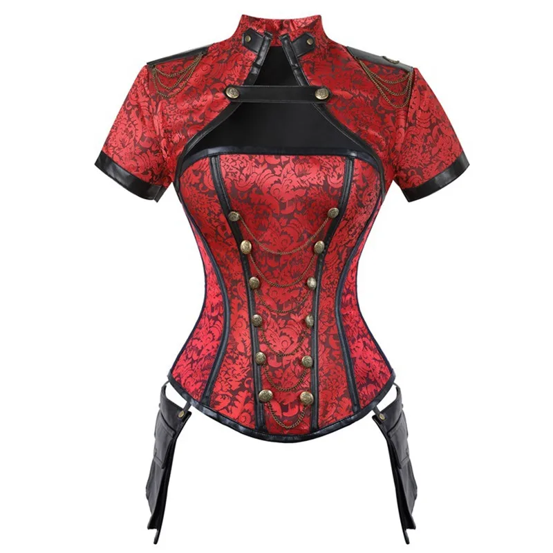 

Sexy Corset Women's Retro Steampunk Shawl Steel-Bone Overbust Corset Gothic Jacquard Leather Zip Buckle Corset