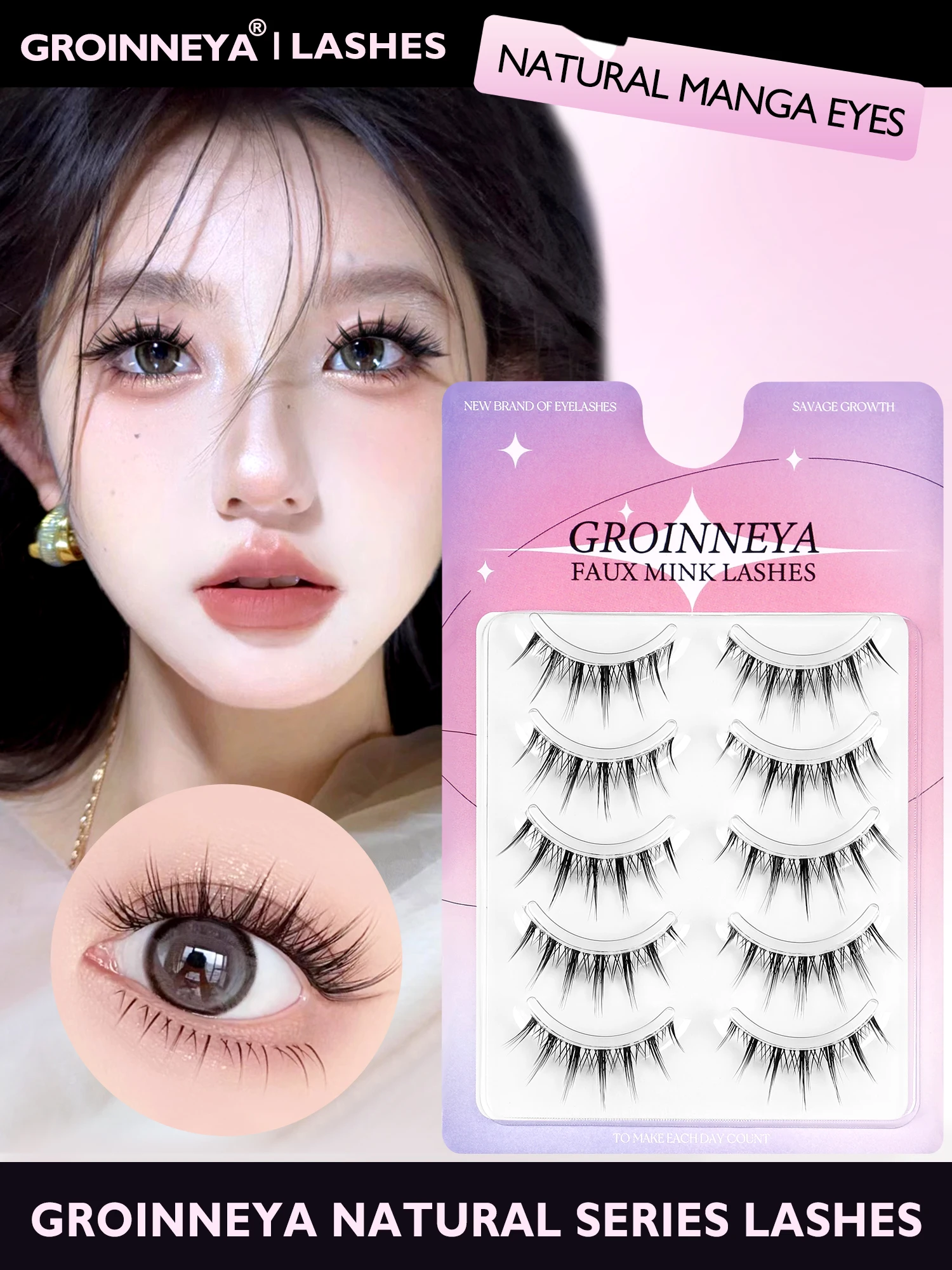 GROINNEYA Koreanische Manga-Wimpern, 5 Paar falsche Wimpern, falsche Wimpern, natürliche Wispy, weiche Wimpernverlängerung, Comic-Auge, transparentes Band