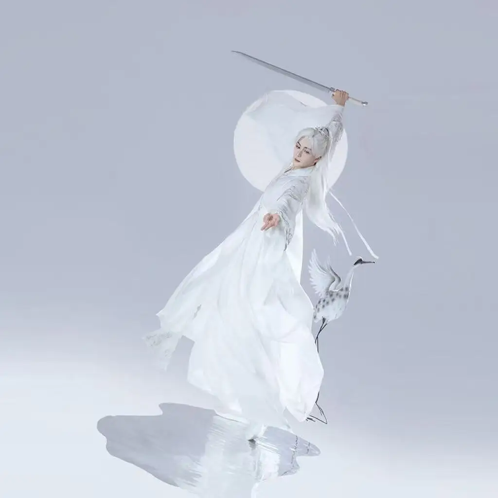 Original Hanfu Men Women Traditional Chinese Fairy Martial Embroidery Suits Halloween Event Cosplay Costume Large Sleeve White