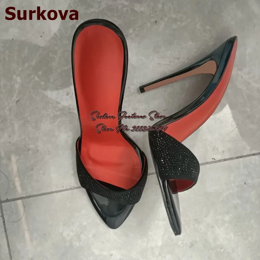 Surkova Black Crystal Bling Bling Slip-On Modern Slippers Stiletto Heel Pointed Toe Shallow Sandals Patchwork Rhinestone Mules