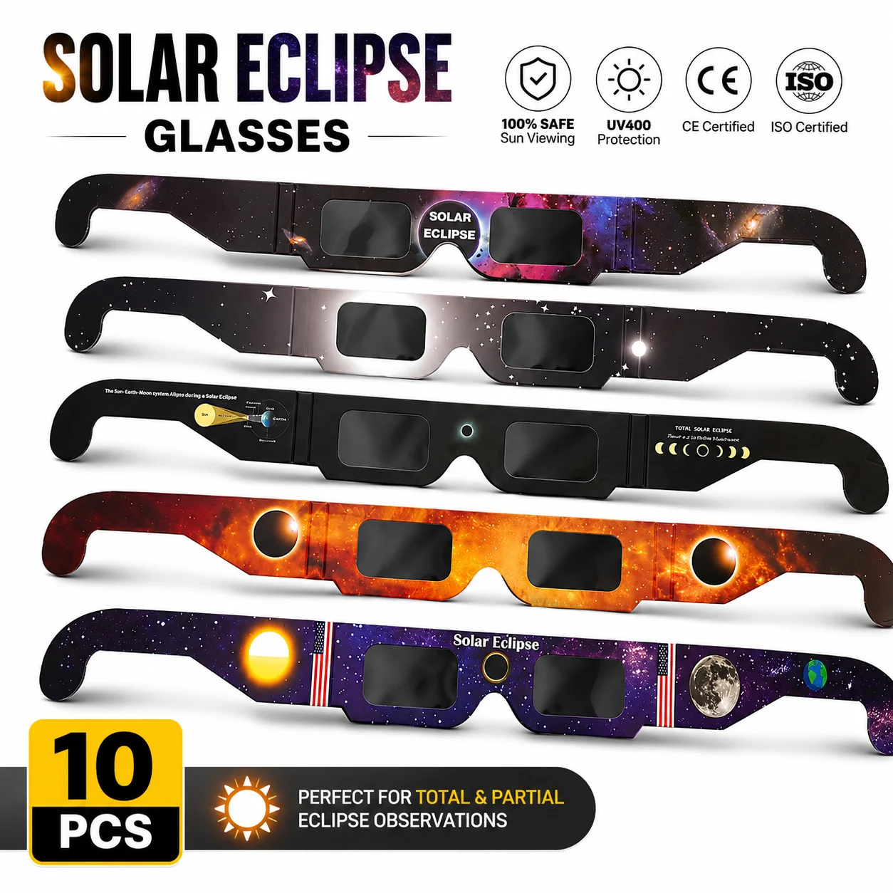 1/10/50 Piezas de Gafas de Papel para Eclipse Solar, Seguras para Ver el Sol Directamente, Certificadas por CE e ISO para Observaciones de Eclipse Total y Parcial