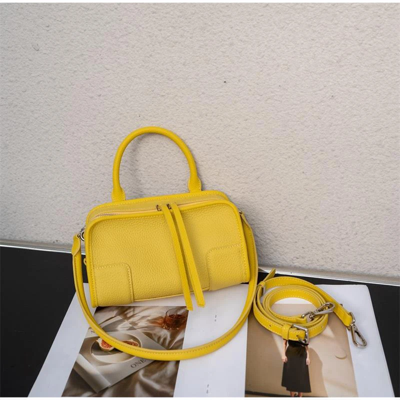 

Brand Luxury Genuine Leather Macaron Colored Handbag Solid Color Boston Crossbody Bag Simple Casual Capacity Commuting Bag New