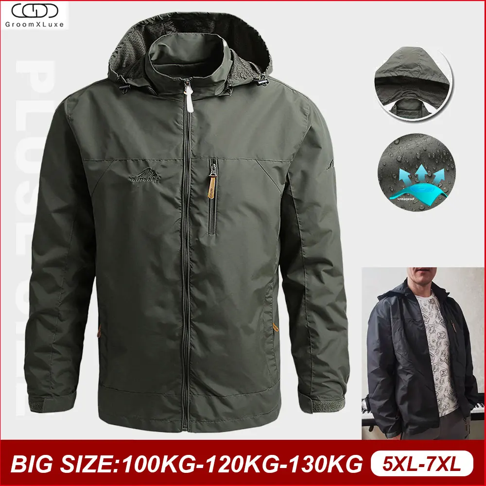 

GROOMXLUXE Plus Size Men's Rainproof Jacket Zip Up Hoodie Soft Shell Lightweight Hiking Raincoats Parka Coat Outwear 105-130KG