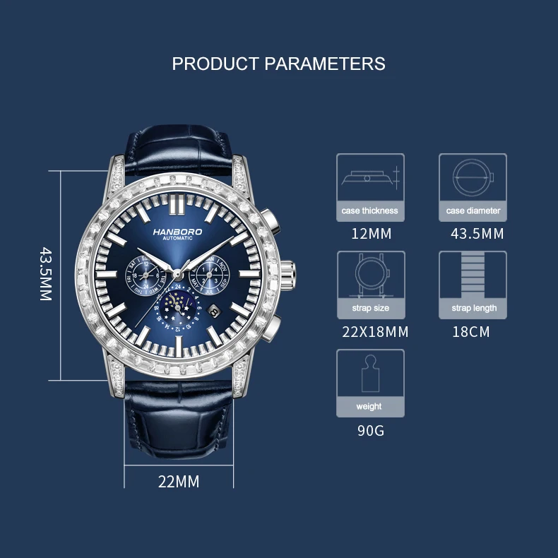 HANBORO Men Luxury Watch 43.5mm Automatic Mechanical Wristwatch Luminous 50M Waterproof Crystal Bezel Week Month Date