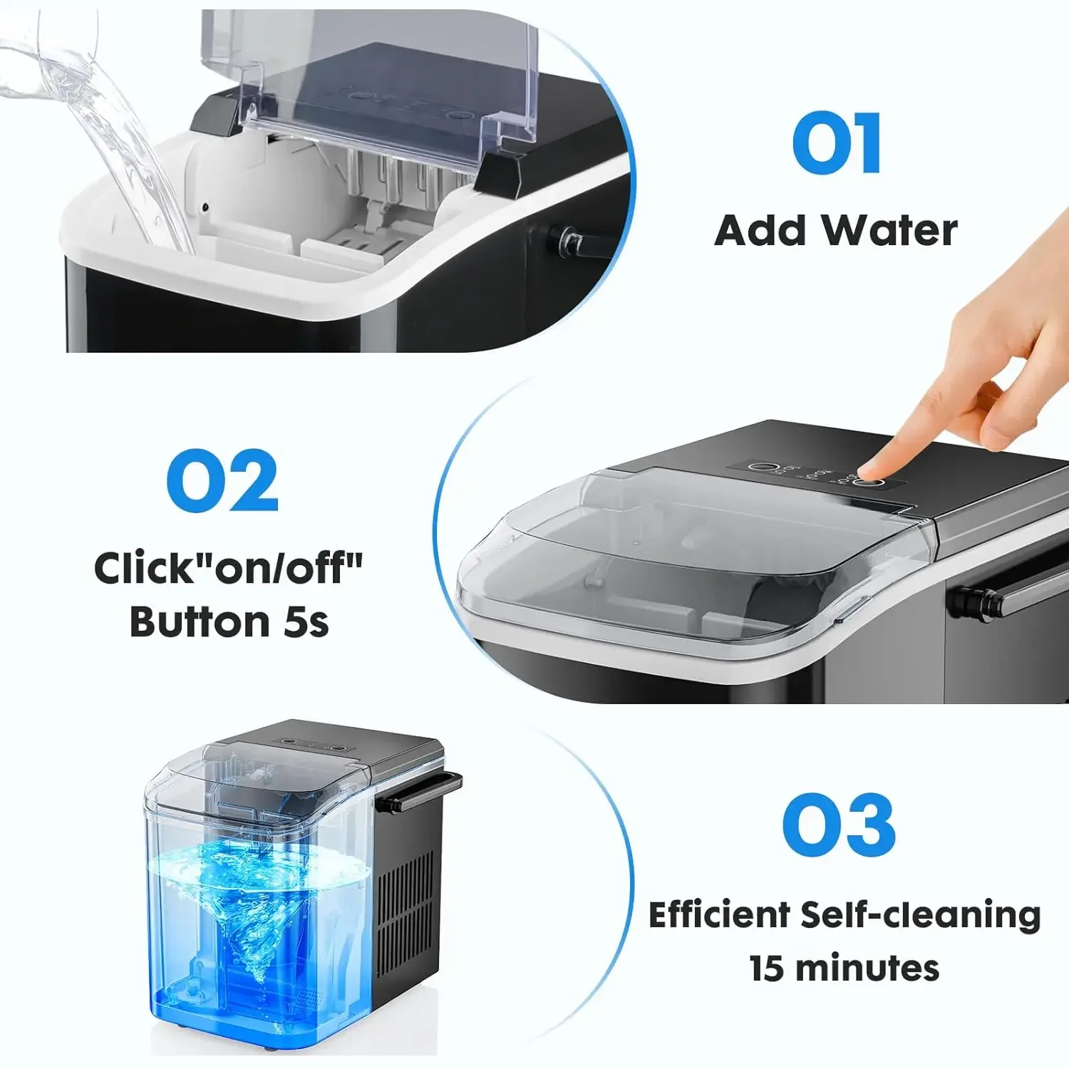 Efficiente macchina per il ghiaccio da banco produce 9 cubi cristallini in soli 6 minuti, creando fino a 26,5 libbre ogni giorno. Goditi il consi