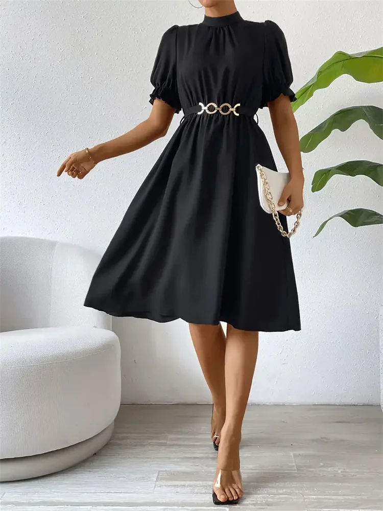 2024 New Temperament Waist-Controlled Puff Sleeve Short Sleeve Dress Elegant Solid Color a Swing Maxi Dress Women's Dre