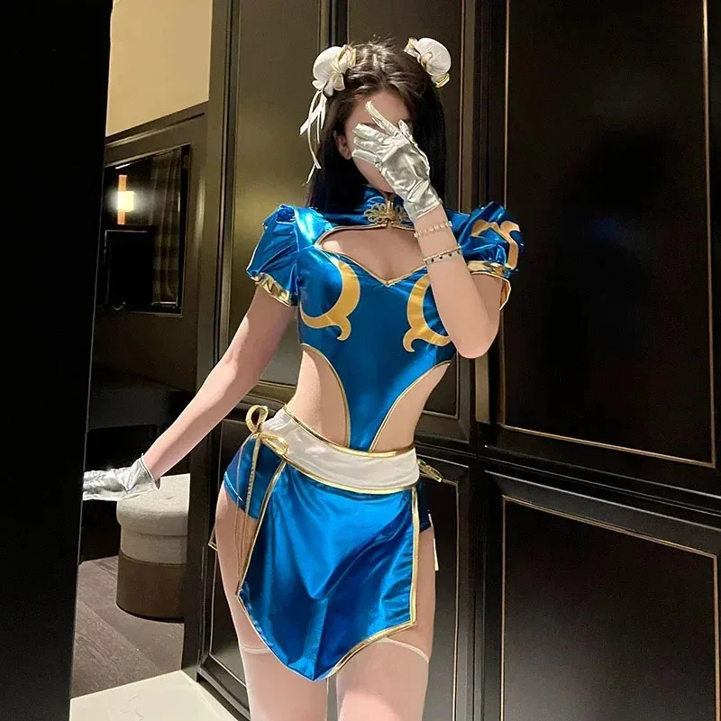 ♥   Новинка 2024, костюмы для косплея Chun Li, синие платья Cheongsam с разрезом, женское сексуальное боди, головной убор, костюм на Хэллоуин, карнавал ★ ☆ ly99
