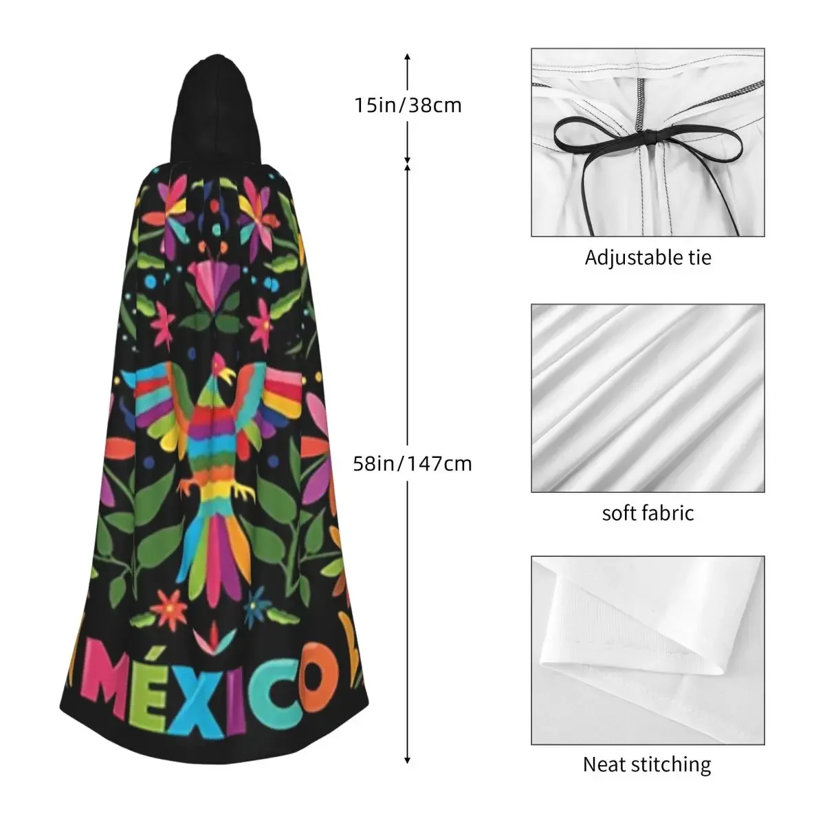 Colorful Mexican Traditional Pattern Long Hooded Cloak Witch Medieval Costume Cosplay Cape HalloweenVampire Adult Unisex