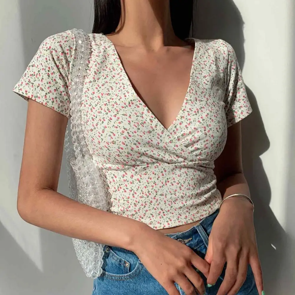 

Women Summer Top Retro Slim Fit V Neck Women's Summer Top with Small Flower Print Soft Breathable Waist-exposed Pullover for A