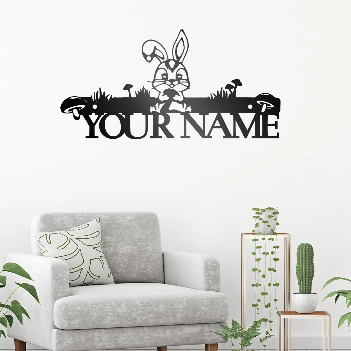 

Rabbit Personalization custom name Metal Wall Art Sign Farmhouse Hanging Decor Black Cutout Plaque Home Office Living