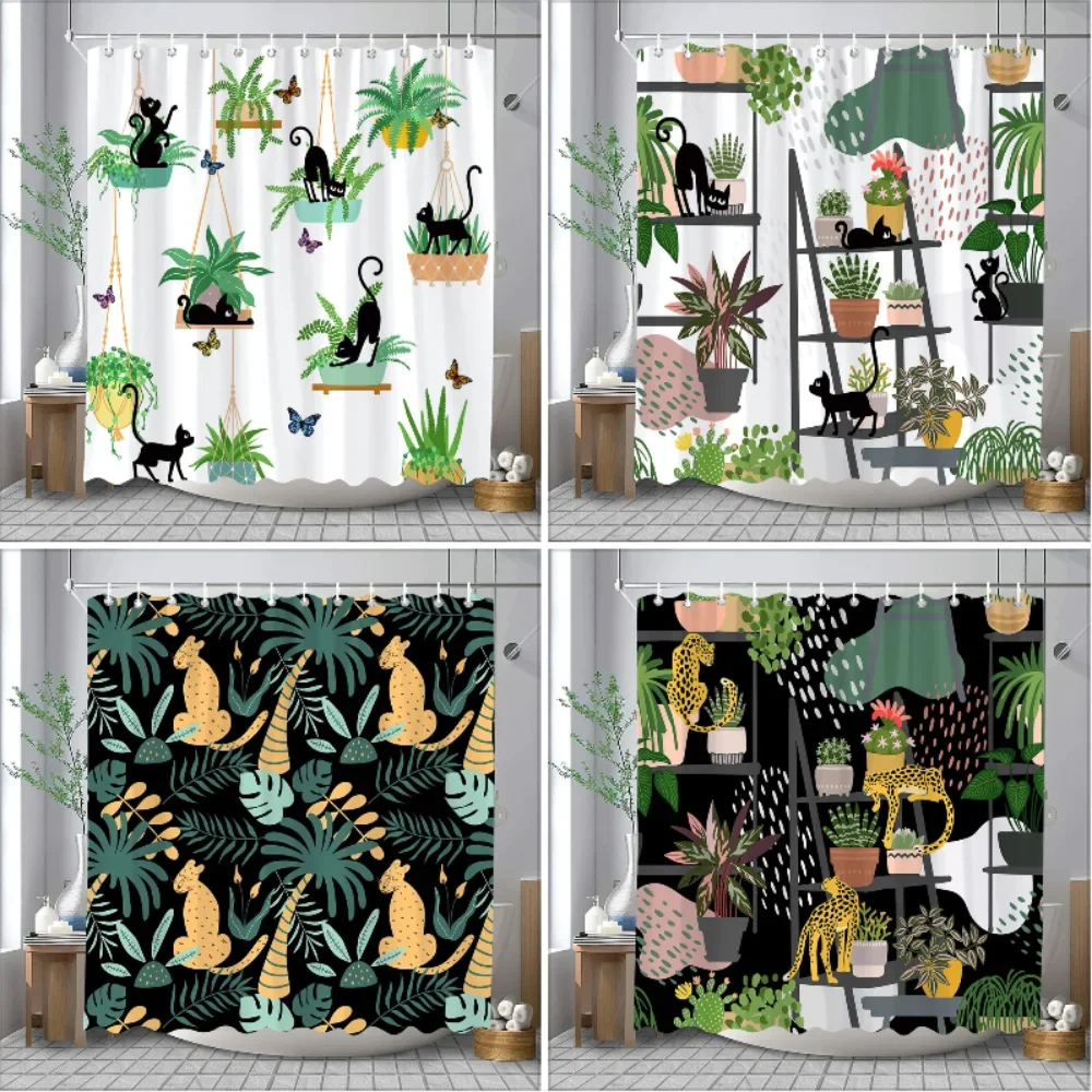 

Забавные животные и растения в горшках, занавеска для душа с принтом, тропические растения, листья, креативная тканевая занавеска для душа, ванная комната, декабрь