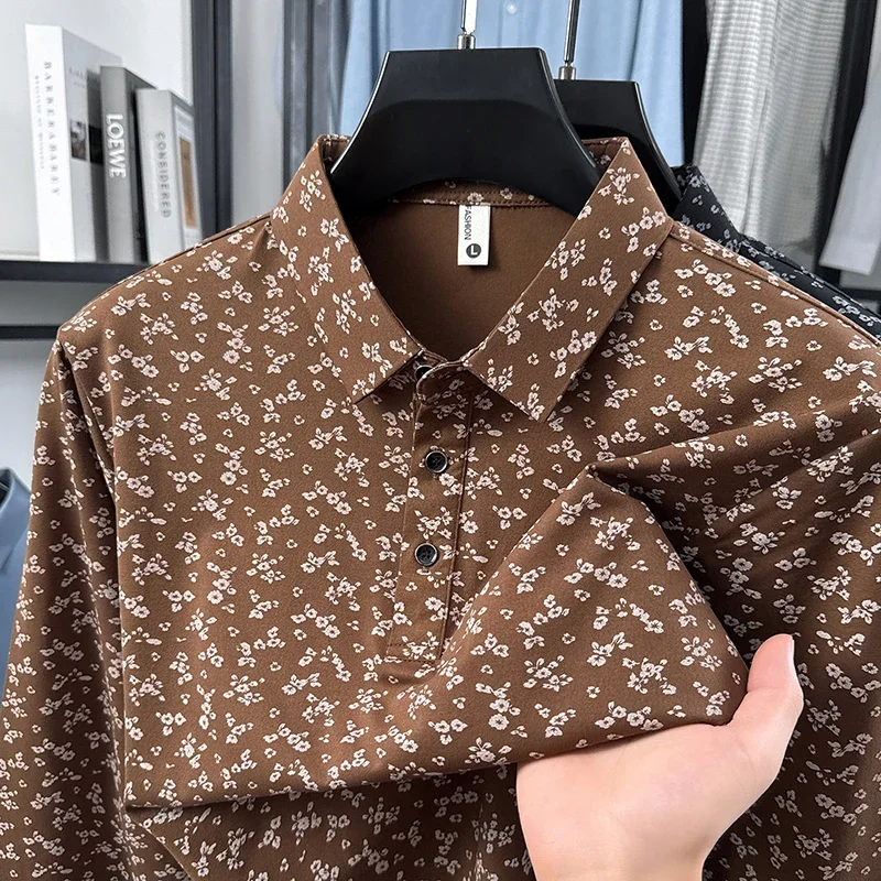 Men Slim Fit Long Sleeve Floral Polo Lapel Collar Button Front Soft Smooth Fabric Daily Vacation Casual Wear Shirts
