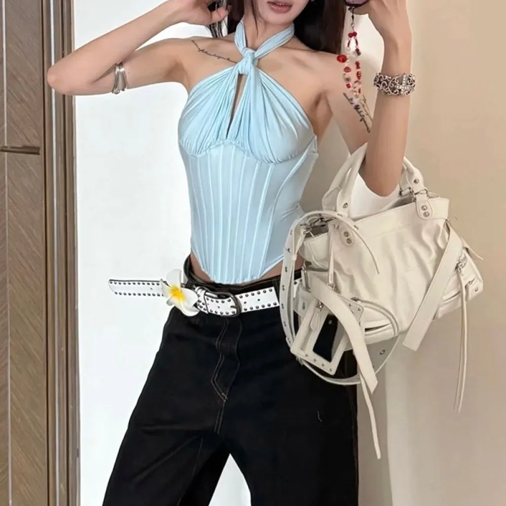 SylCue Ruched Knot Halter 탱크 탑 여성 섹시한 오프 숄더 백리스 불규칙한 밑단 스트리트 패션 다목적 스타일 솔리드 의상