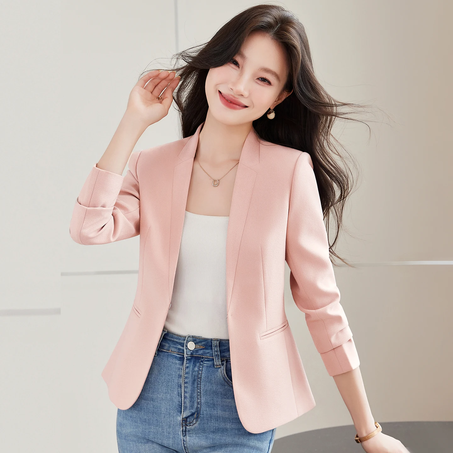 ZJYT Autumn Elegant Chic Blazers for Women 2026 New Korean Style V Neck Jackets and Coats Plus Size Outerwears Work Wear Tops