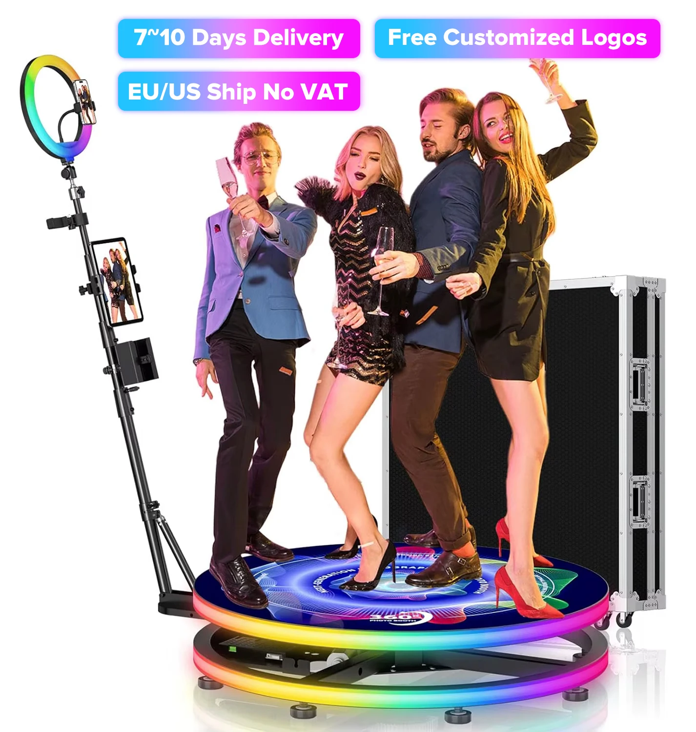 

Голографический дисплей, вращающаяся на 360° машина для фотобудки, бесплатный липкий логотип через голосовое управление и управление через приложение для вечеринок, мероприятий с футляром