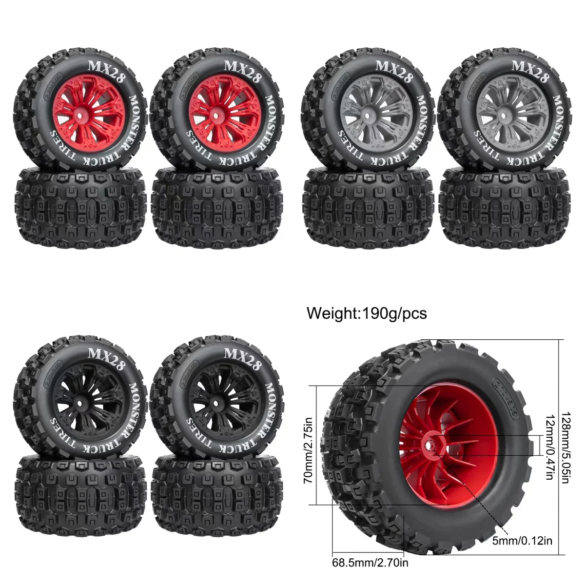 

RC model car 2.8-inch 1/10 large tire MX28 chocolate tread off-road wear-resistant 12mm coupling